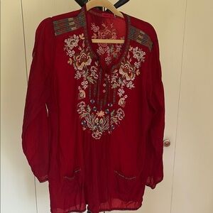 Johnny Was Red Embellished, embroidered Tunic with Mandarin Collar